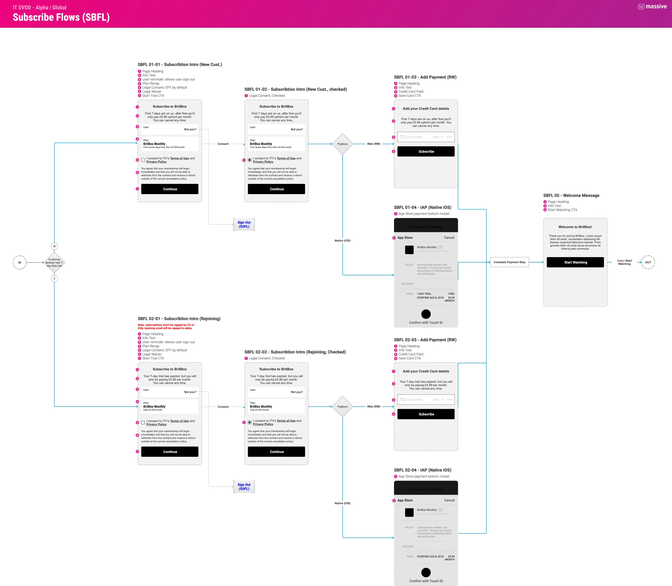 The subscribe module: a check on whether the customer had the free trial, subscription intro screens for new and rejoining customers, a split by platform into a web card form or an App Store purchase sheet on iOS, and a welcome message.