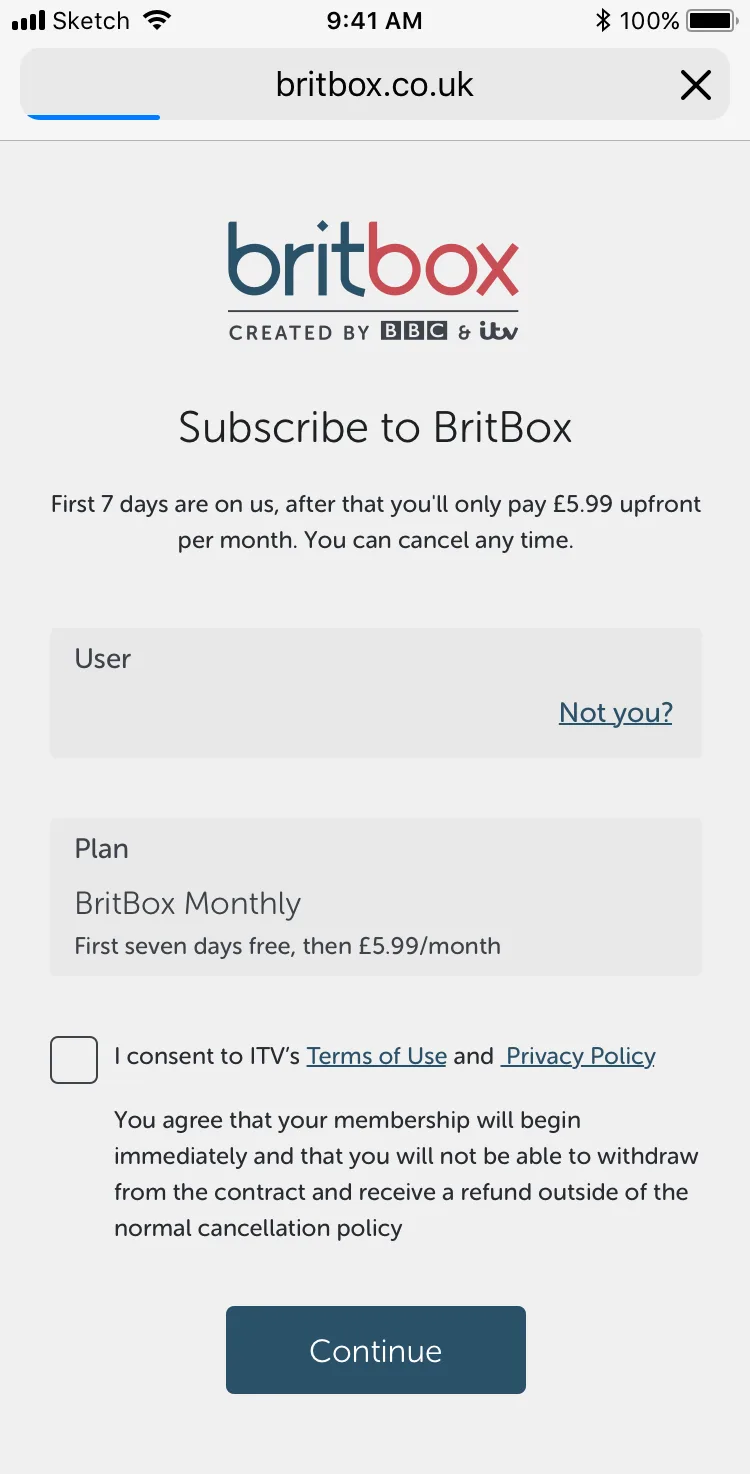 The final Subscribe to BritBox screen on mobile web: the trial and price, the user box with Not you?, the BritBox Monthly plan, the unticked consent to ITV's terms, the waiver and a Continue button.