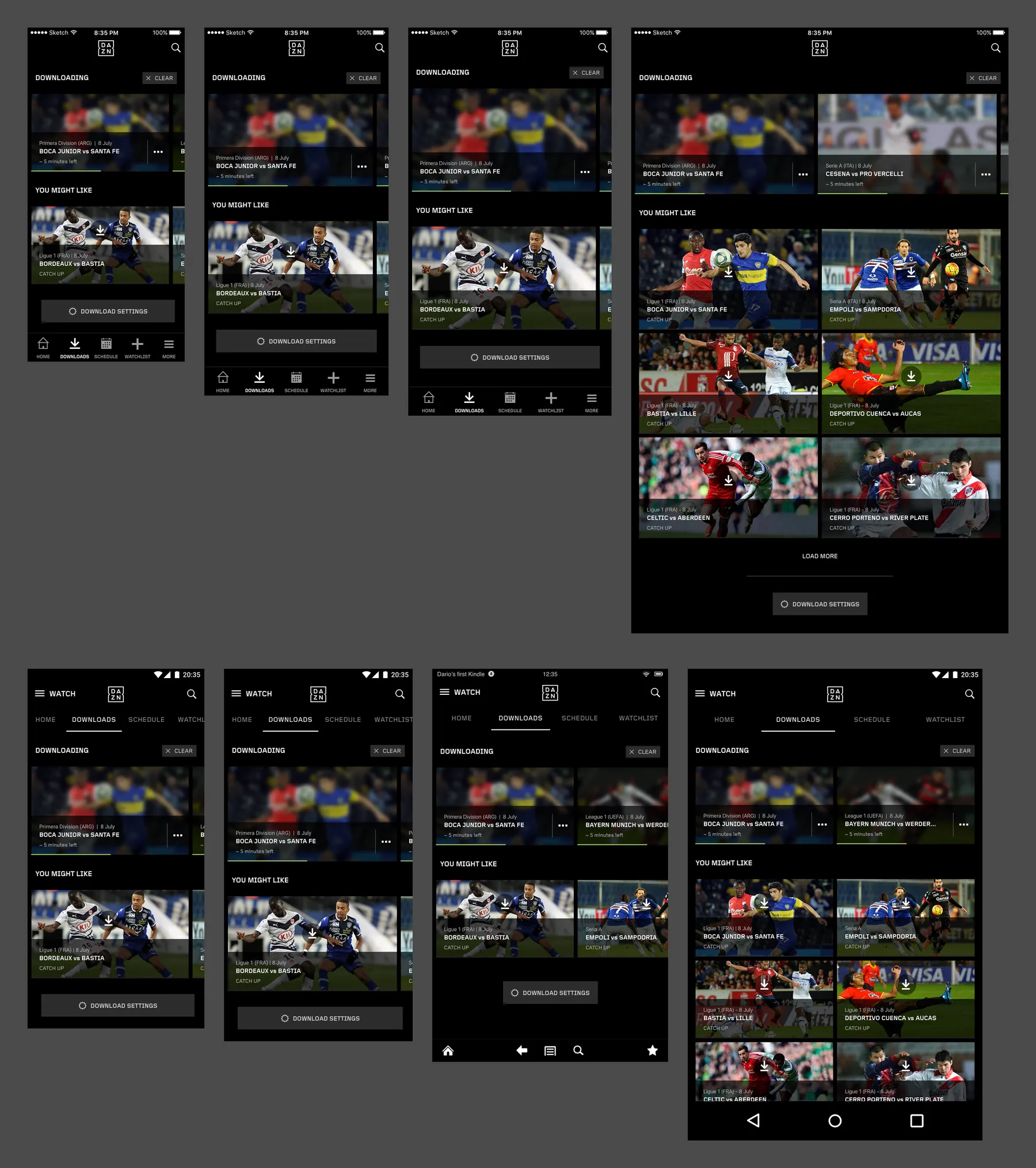 The Downloading state eight times at the same scale: four iOS screens from a small iPhone to an iPad on the top row, and four Android screens from a phone to a tablet below, each with a download in progress above suggested events.