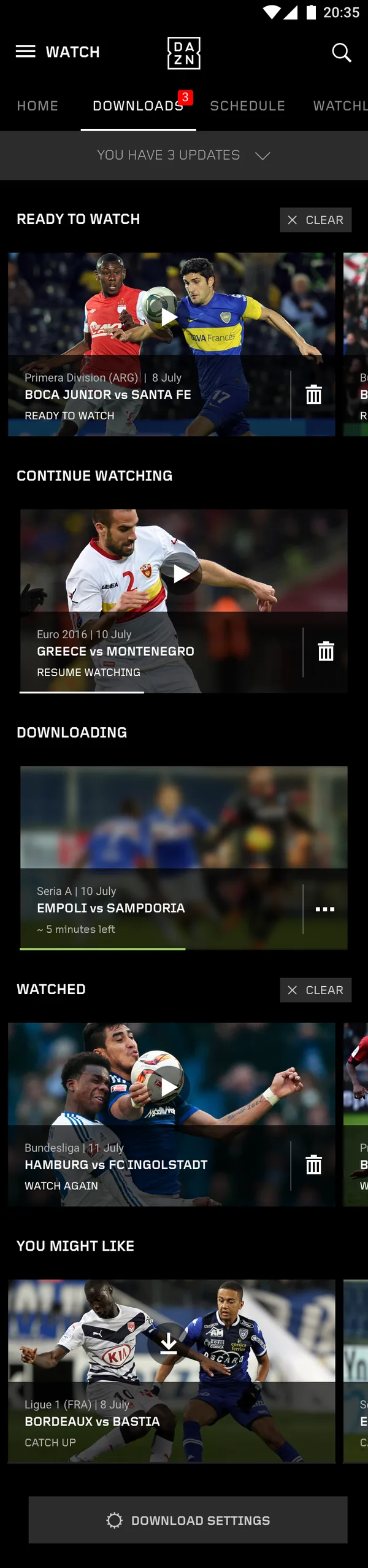 The full downloads list on Android: a Watch app bar with Home, Downloads, Schedule and Watchlist tabs, a badge of three on Downloads, then the same sections as on iPhone.