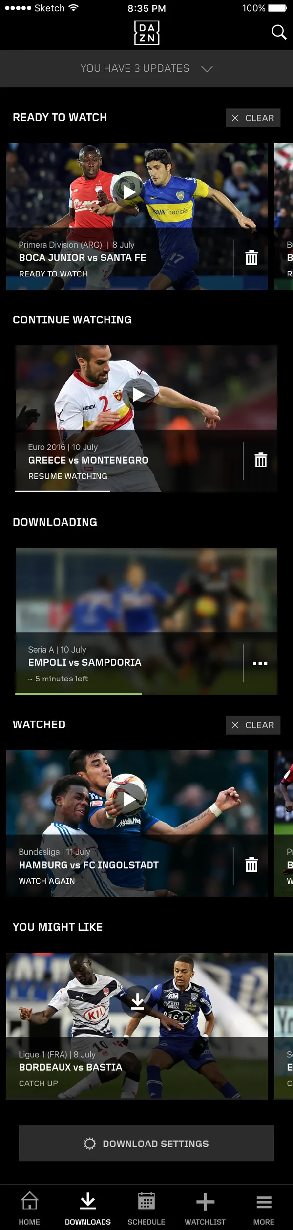The full downloads list on iPhone, top to bottom: an updates banner, Ready to watch, Continue watching, Downloading, Watched, You might like and a Download settings button, above the tab bar.