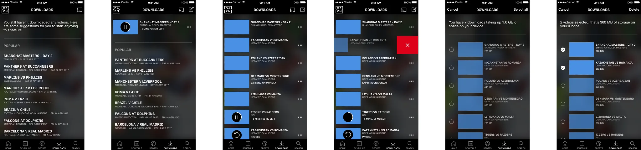 Six iPhone screens of the Navigation v2.1 downloads list: an empty tab with popular events, a download started, the full list with time and size left, a row swiped to reveal delete, edit mode with the total space used, and two downloads selected.