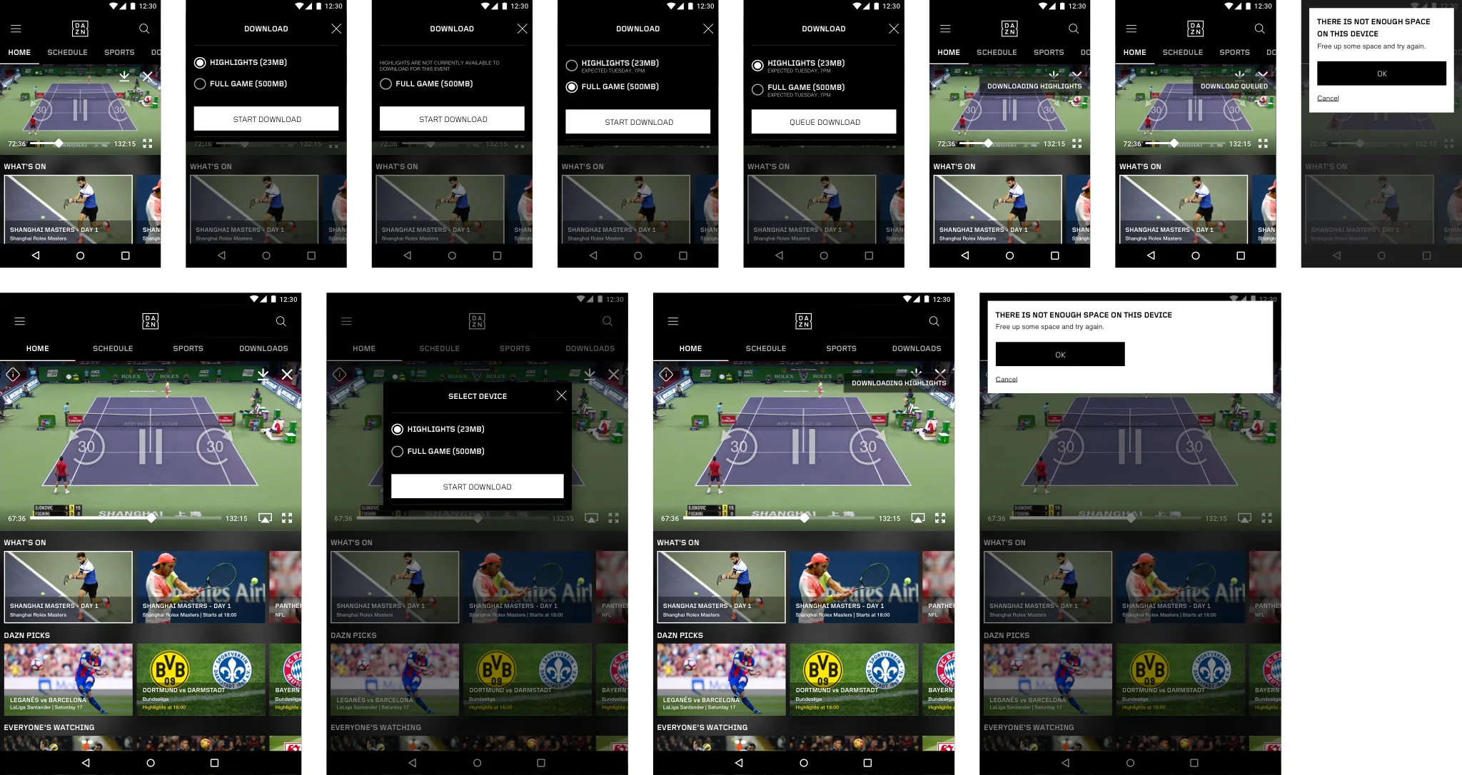 Android player screens in two rows: a download icon on the player, a sheet with highlights at 23 MB or the full game at 500 MB, highlights not yet available, a queued download expected on Tuesday, labels for downloading and queued, and a not enough space message, then the same on a tablet.