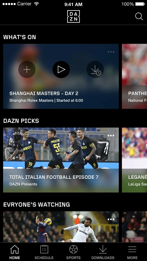The Home tab on iPhone with the options of a live tennis tile open over its image: add, play, and a download icon with a clock.