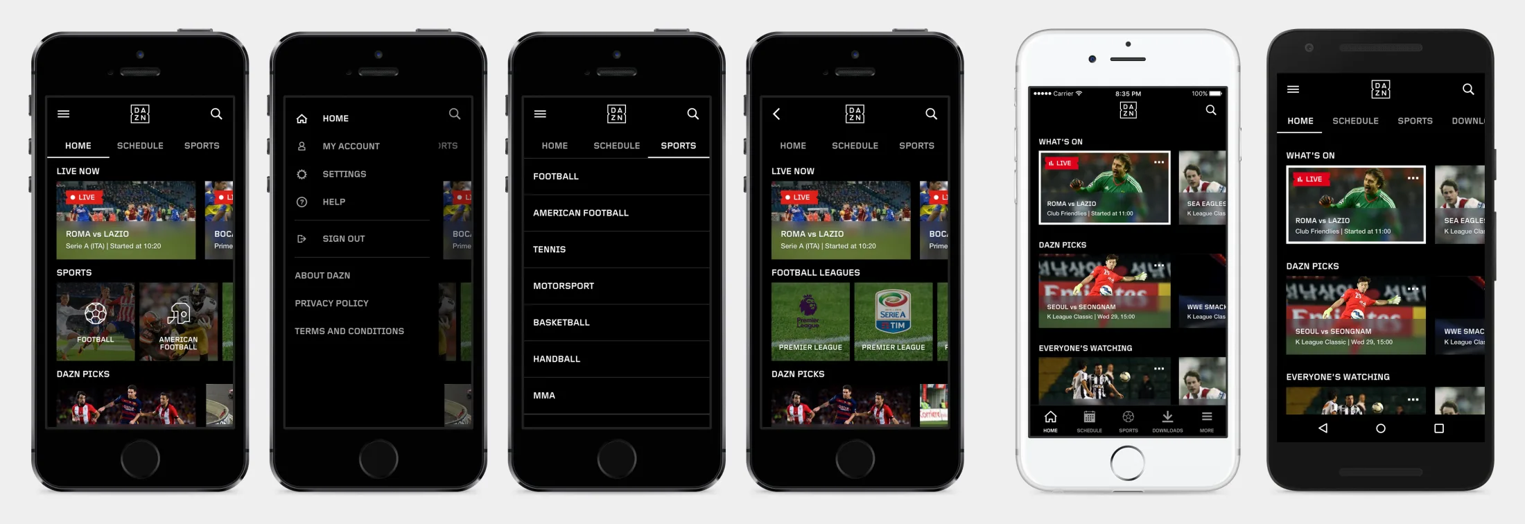 Six phone screens from September 2016: the phone-sized website's home, drawer, sports list and a sport page, then the iPhone app with a bottom tab bar and the Android app with tabs at the top.