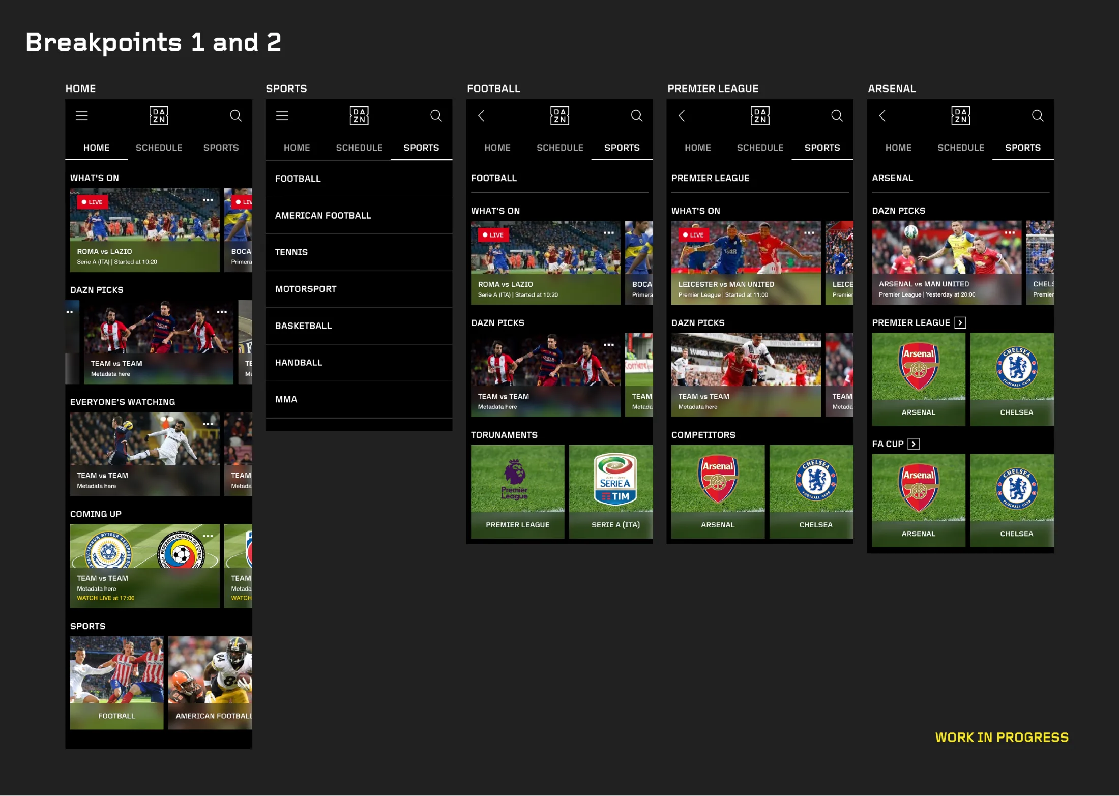 Five phone-width web screens marked work in progress: the home page, the Sports list, and the Football, Premier League and Arsenal pages, each with tabs for Home, Schedule and Sports.