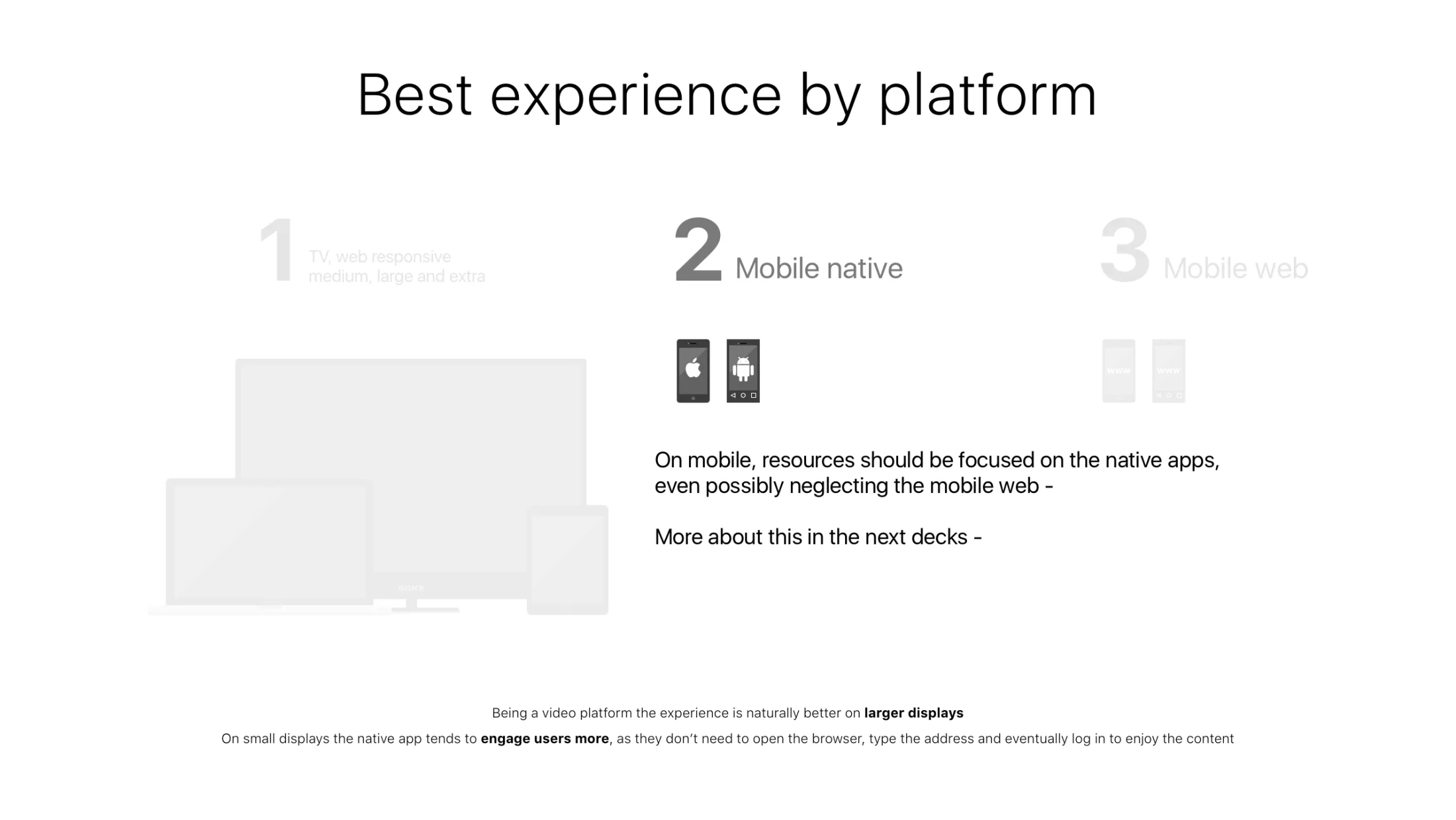 A slide ranking platforms by the quality of the watching experience: TV and responsive web first, native mobile apps second and mobile web third, with the native apps highlighted and a note that mobile resources should go to them.