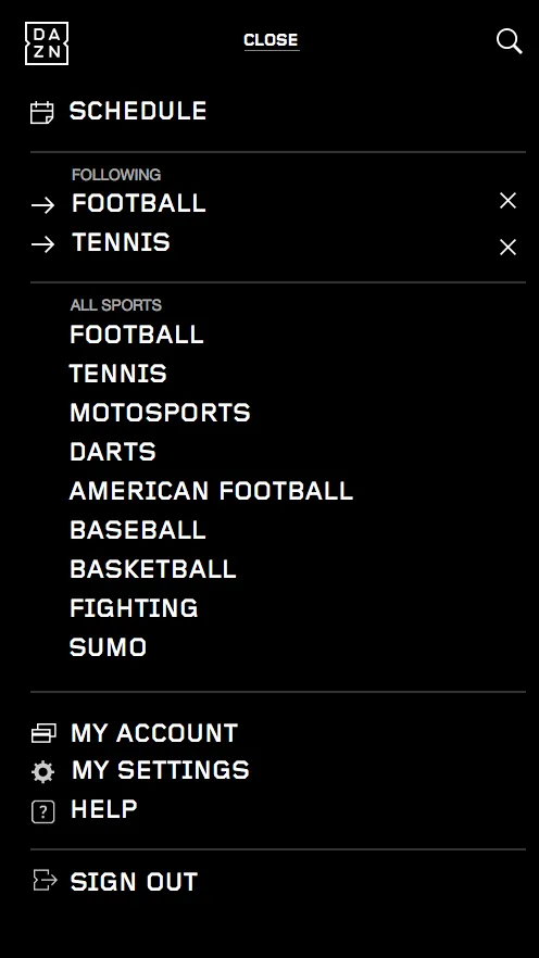 The first release's menu at phone width: Schedule, then the followed sports Football and Tennis, then every sport from Football to Sumo, then My account, My settings, Help and Sign out.