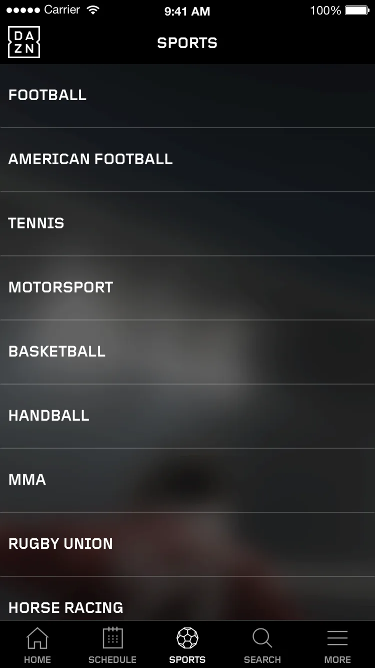 The Sports tab on iPhone: a list of sports from Football to Horse racing over a blurred background, above a tab bar of Home, Schedule, Sports, Search and More.