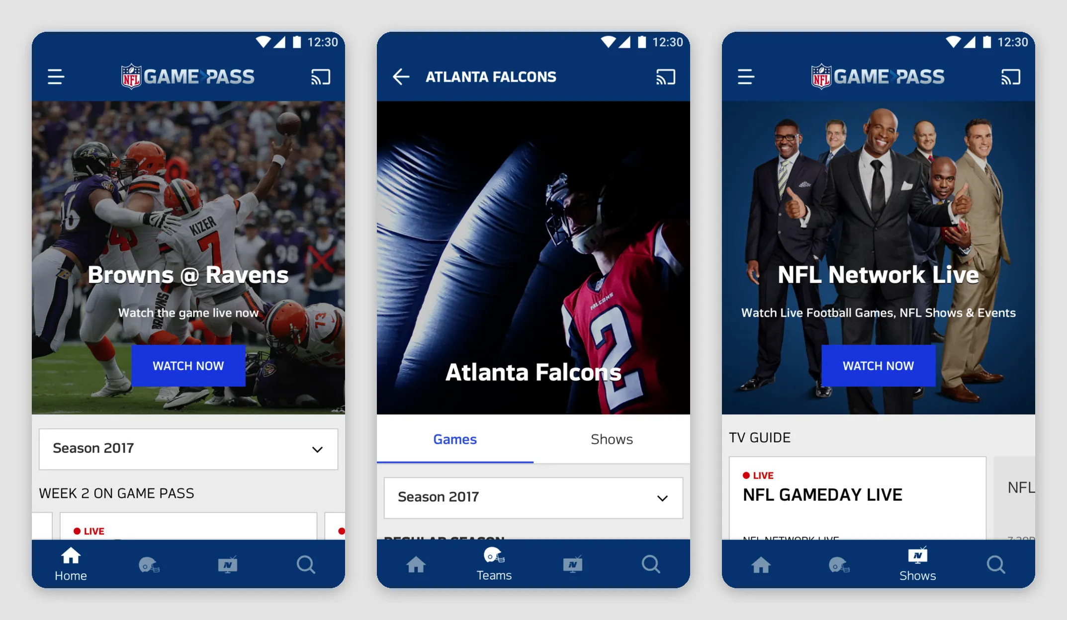Three Android phone screens: the home with Browns at Ravens live and a Watch now button above the season filter and the week 2 rail, the Atlanta Falcons team page with Games and Shows tabs, and NFL Network Live above a TV guide rail.