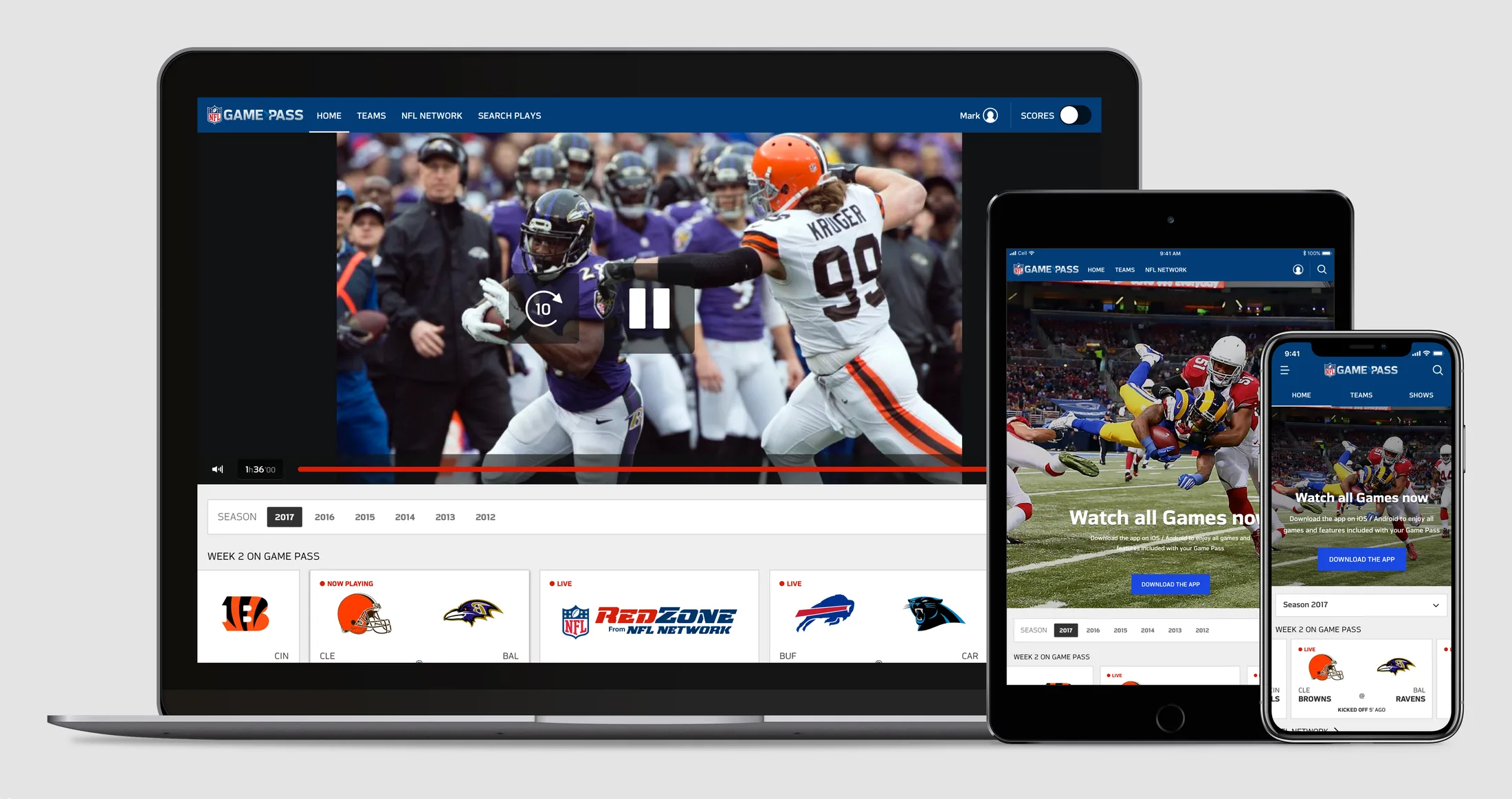 The Game Pass web home at three breakpoints: on a laptop the live game plays above the season tabs and the week's rail, and on a tablet and a phone a prompt to download the app takes the player's place.