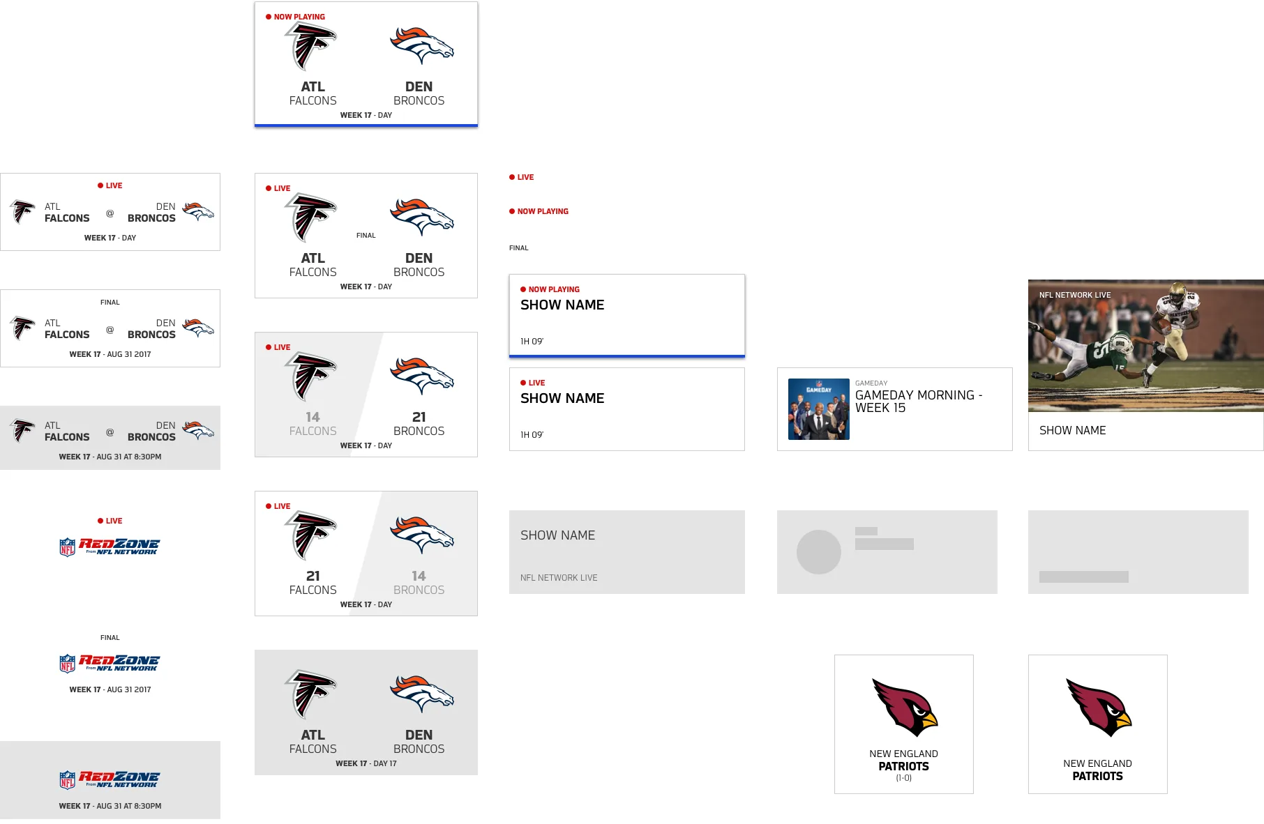 A Sketch symbol sheet of tiles: Falcons at Broncos game tiles in now playing, live, final and coming-up states, some with scores, RedZone tiles, NFL Network show tiles live, coming up and loading, and two team tiles.