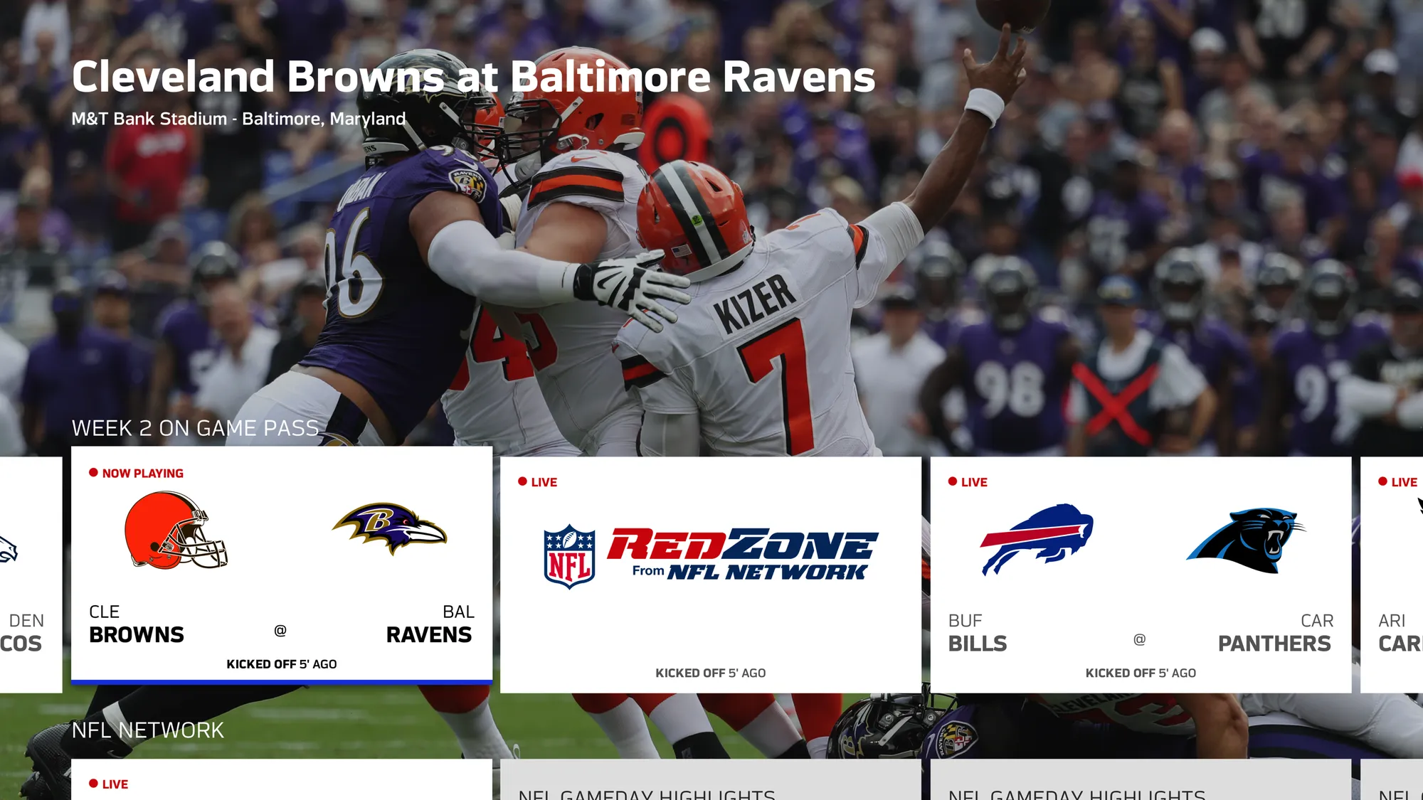 A TV screen: Cleveland Browns at Baltimore Ravens playing full screen, with the week 2 rail over the bottom of the picture, the Browns and Ravens tile marked Now playing, RedZone and Bills at Panthers live beside it, and an NFL Network rail below.