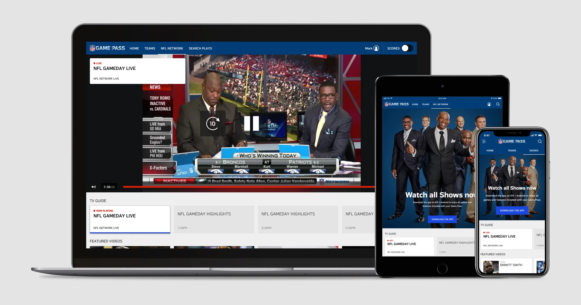 NFL Network in the web design on a laptop, a tablet and a phone: NFL GameDay Live playing on the laptop above a TV guide rail and featured videos, and on the tablet and phone a Watch all shows now prompt with a button to download the app.