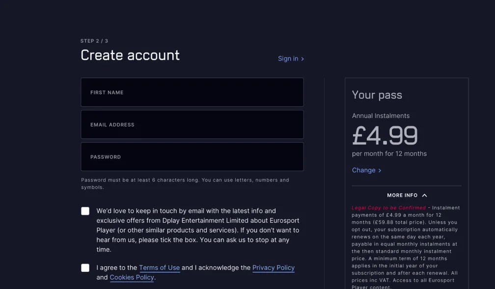 Eurosport Player's create account page at step 2 of 3, with name, email and password fields, consent checkboxes, and a pass summary of £4.99 a month with a change link.
