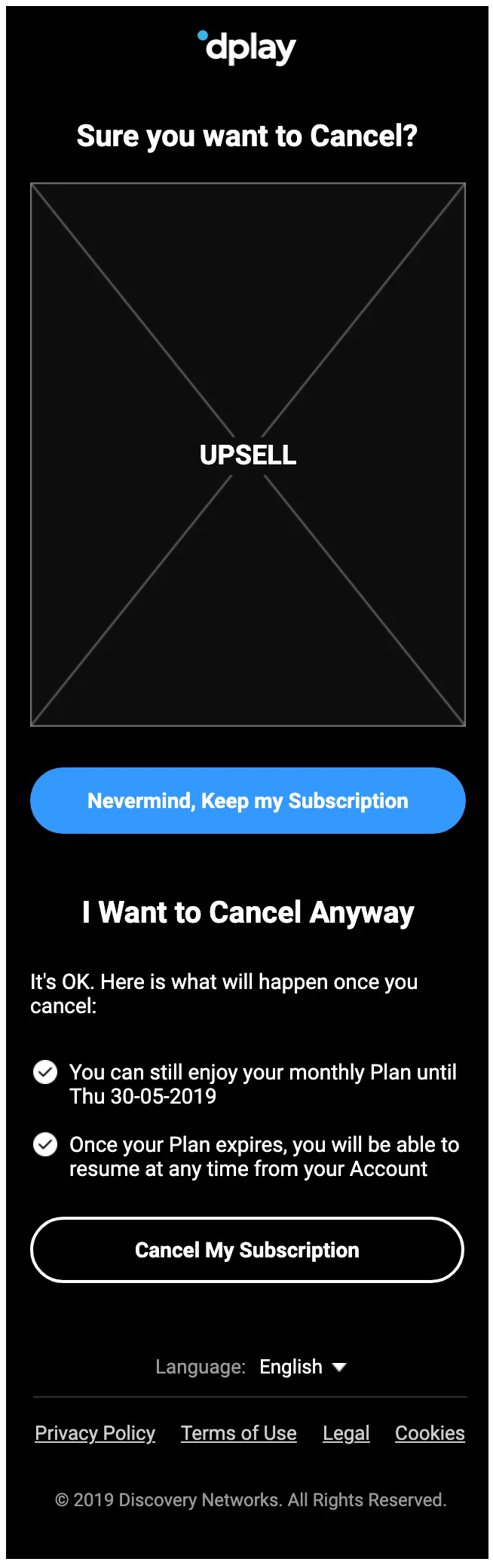 The July 2019 cancel screen on a phone, in dplay's dark skin: sure you want to cancel, a crossed-out box labelled upsell, a button to keep the subscription, what happens once you cancel, and a cancel my subscription button.