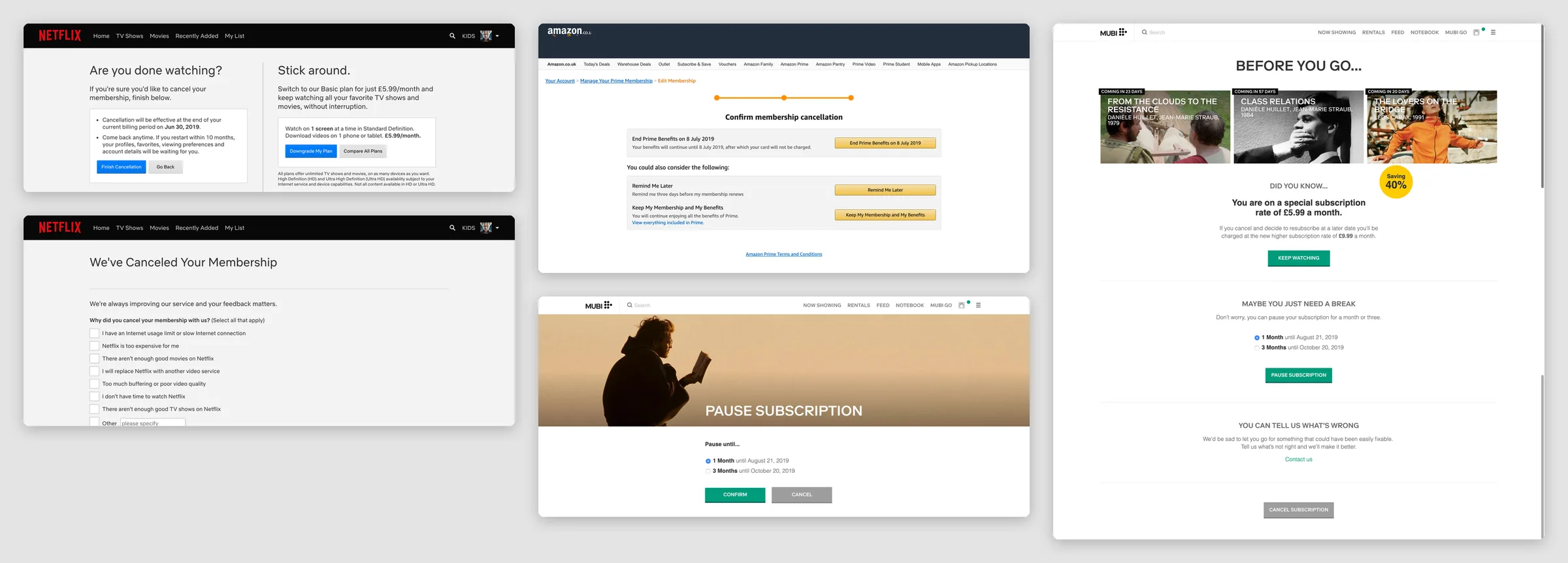 Five screens from cancelling three services in 2019. Netflix's are you done watching page beside a stick around offer of the Basic plan, and its exit survey of reasons. Amazon's confirm membership cancellation step with Remind me later and Keep my membership. MUBI's pause subscription choice of one or three months, and its before you go page with the current rate, a pause and a contact link above the cancel button.