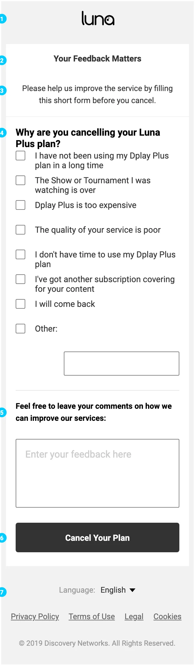 The exit survey on a phone: why are you cancelling your plan, with reasons to tick, an other field, a free-text box for comments and a cancel your plan button.