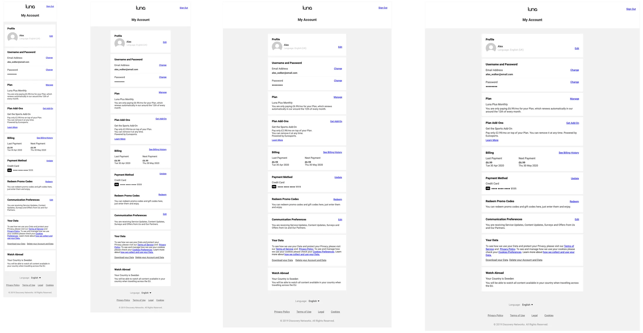 The account dashboard at four breakpoints, from phone to desktop, each a column of stacks: profile, credentials, plan, add-ons, billing, payment method, promo codes, communication preferences, your data and watching abroad.