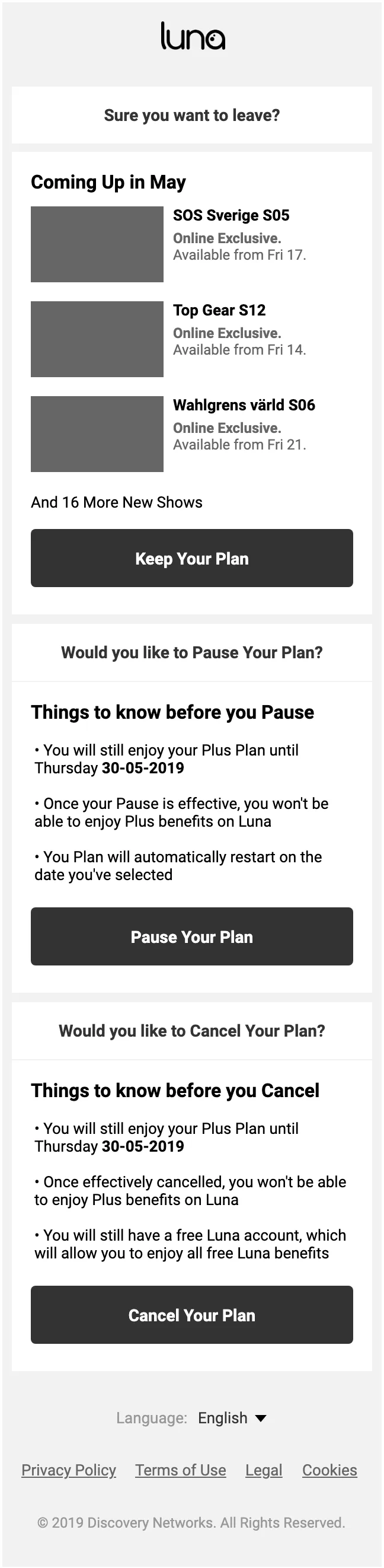 The off-boarding screen on a phone: sure you want to leave, three shows coming up in May with a keep your plan button, then a box to pause the plan and a box to cancel it, each with things to know first.