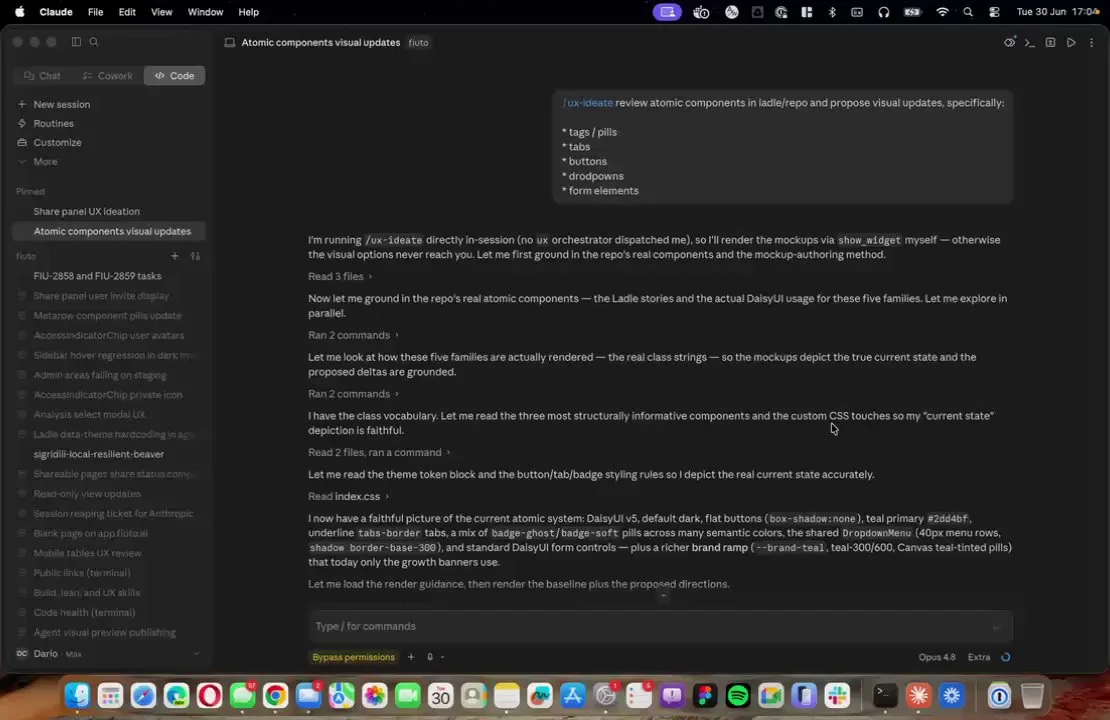 Claude Code with the /ux-ideate prompt: review atomic components in Ladle and the repo and propose visual updates for tags and pills, tabs, buttons, dropdowns and form elements.