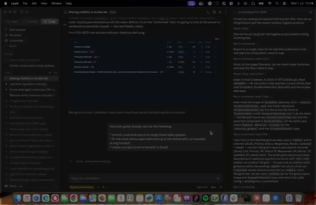 Claude Code in the /ux session: the studies list rendered in Ladle beside the live product, its variants and mobile version, and the brief generated for the build agent.
