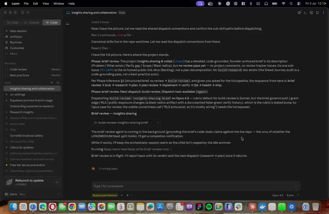 Claude Code reading the weekly Best Practices report, the agent's response listing the sharing gap and the MCP parity work, and the two Linear projects and initiative written from it.