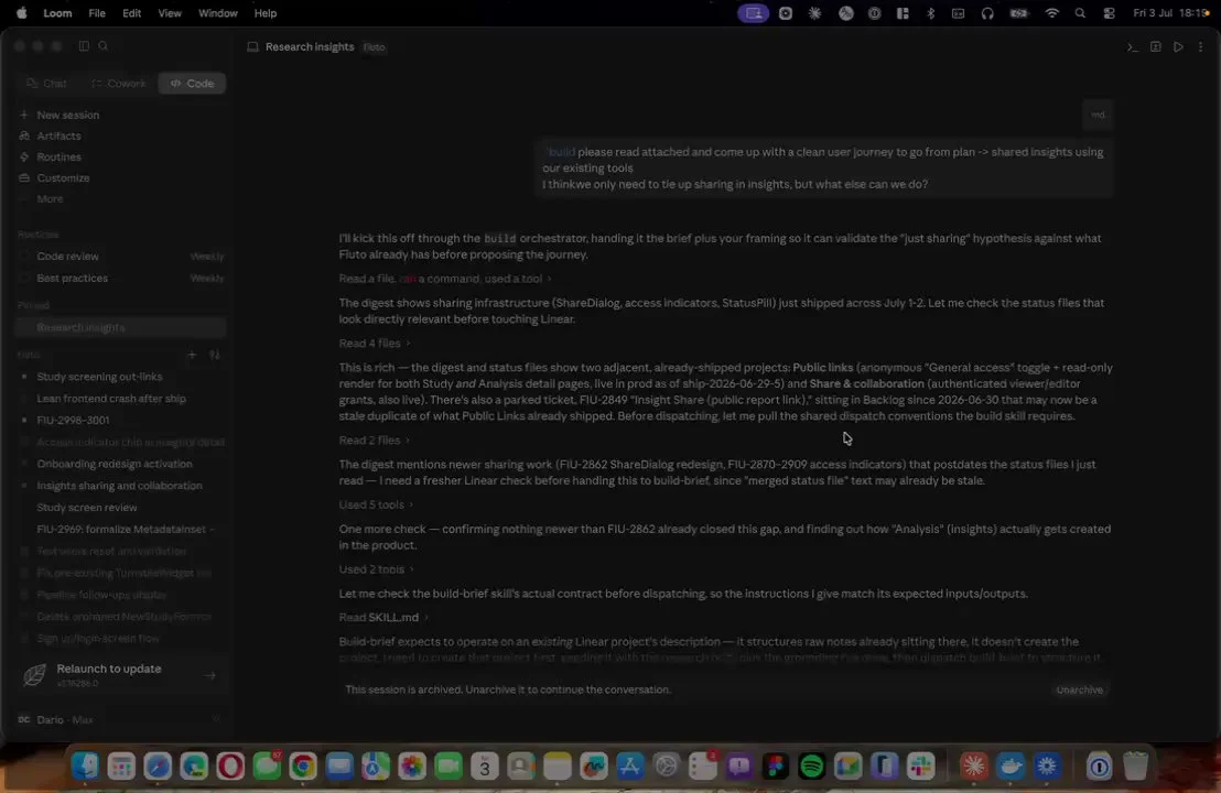 Claude Code running /build on the insight sharing project: the sequence in Linear, the plan with its design and QA tickets, the ideate variants, the Ladle render and the sharing panel on staging.