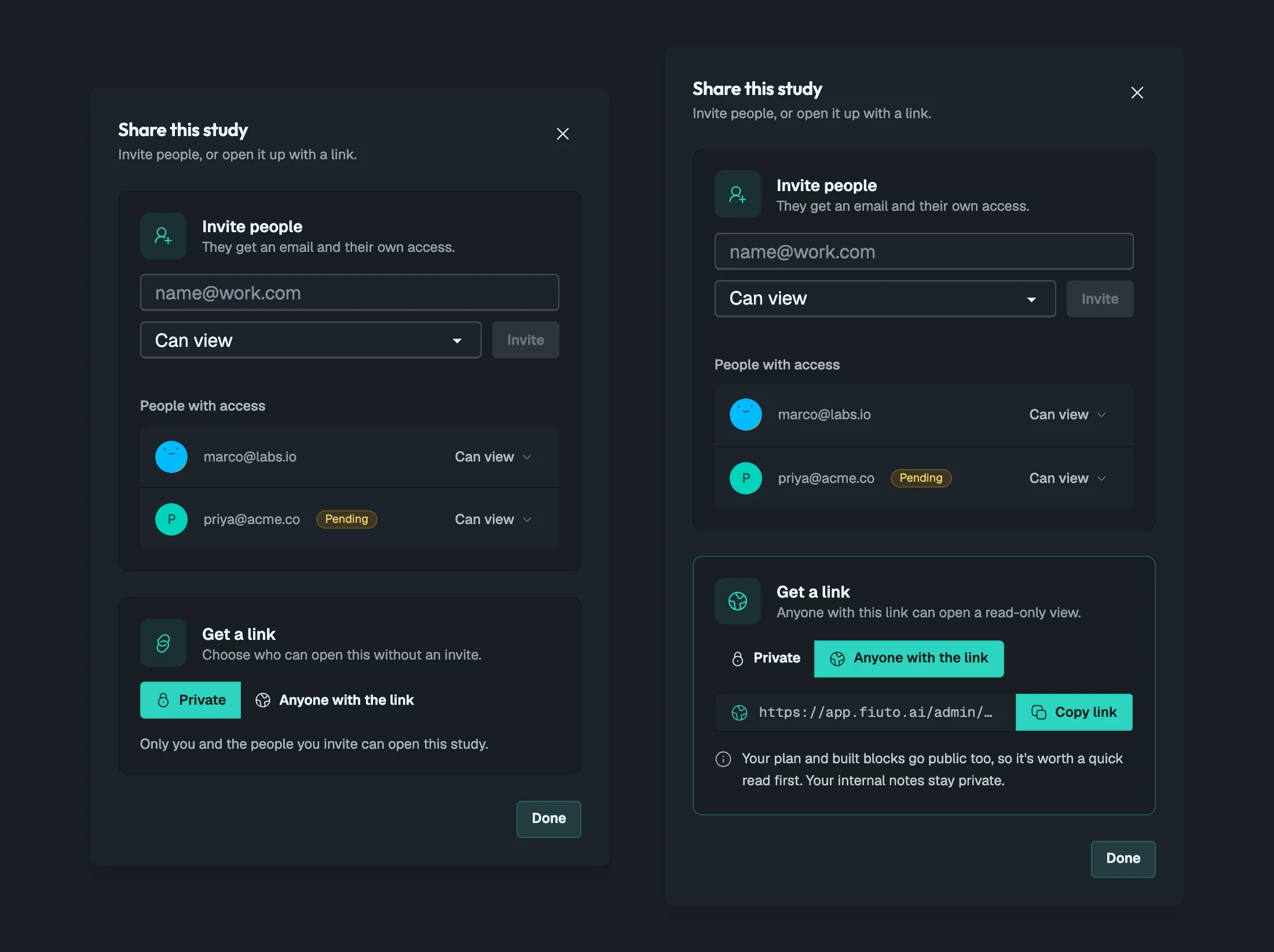 The same two states after: two landmarks, Invite people and Get a link, each with its own heading; a full-width email field; avatars and a per-person access menu; a segmented Private / Anyone with the link control; and a link tile with a fused Copy button.