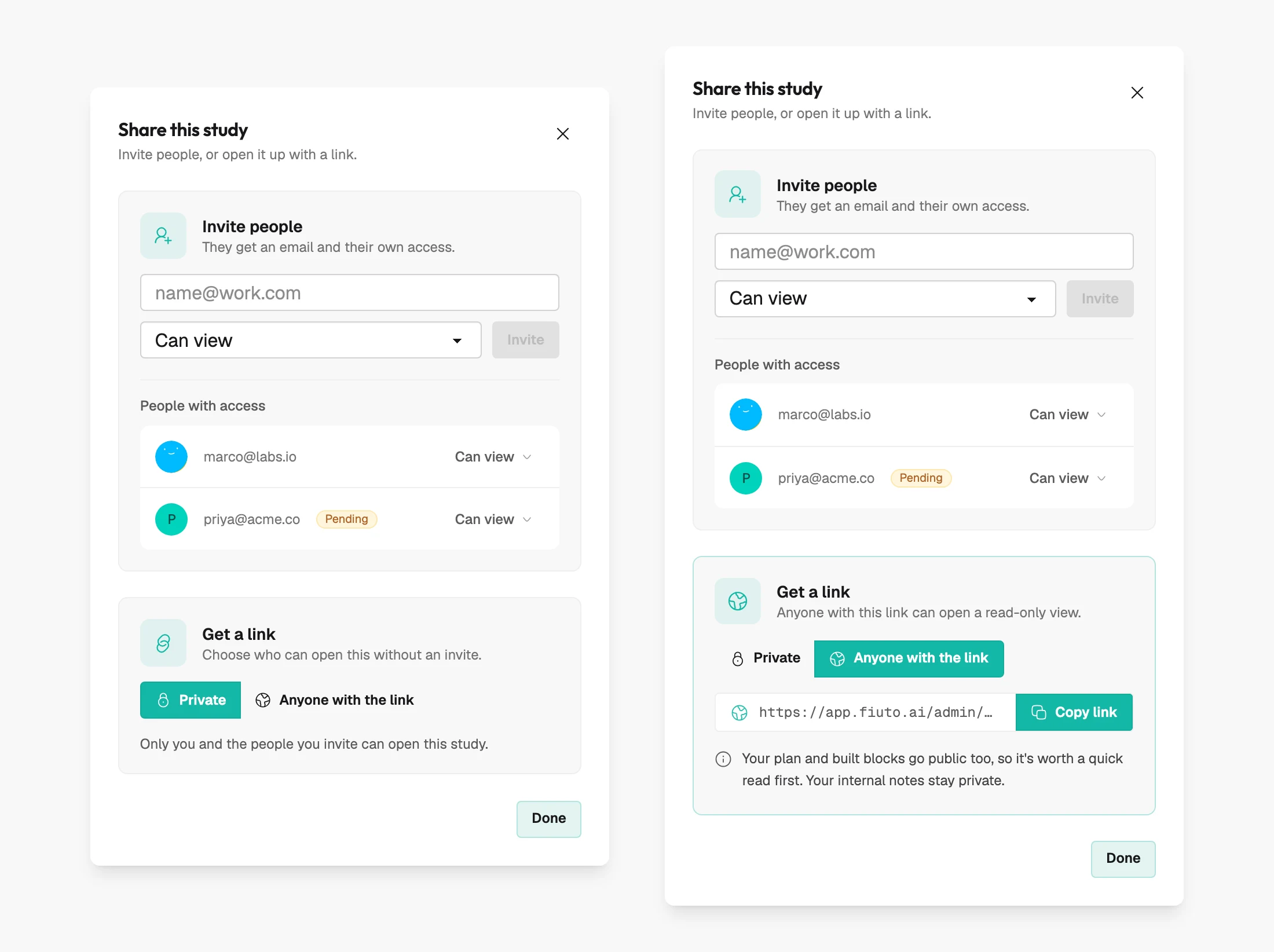 The same two states after: two landmarks, Invite people and Get a link, each with its own heading; a full-width email field; avatars and a per-person access menu; a segmented Private / Anyone with the link control; and a link tile with a fused Copy button.