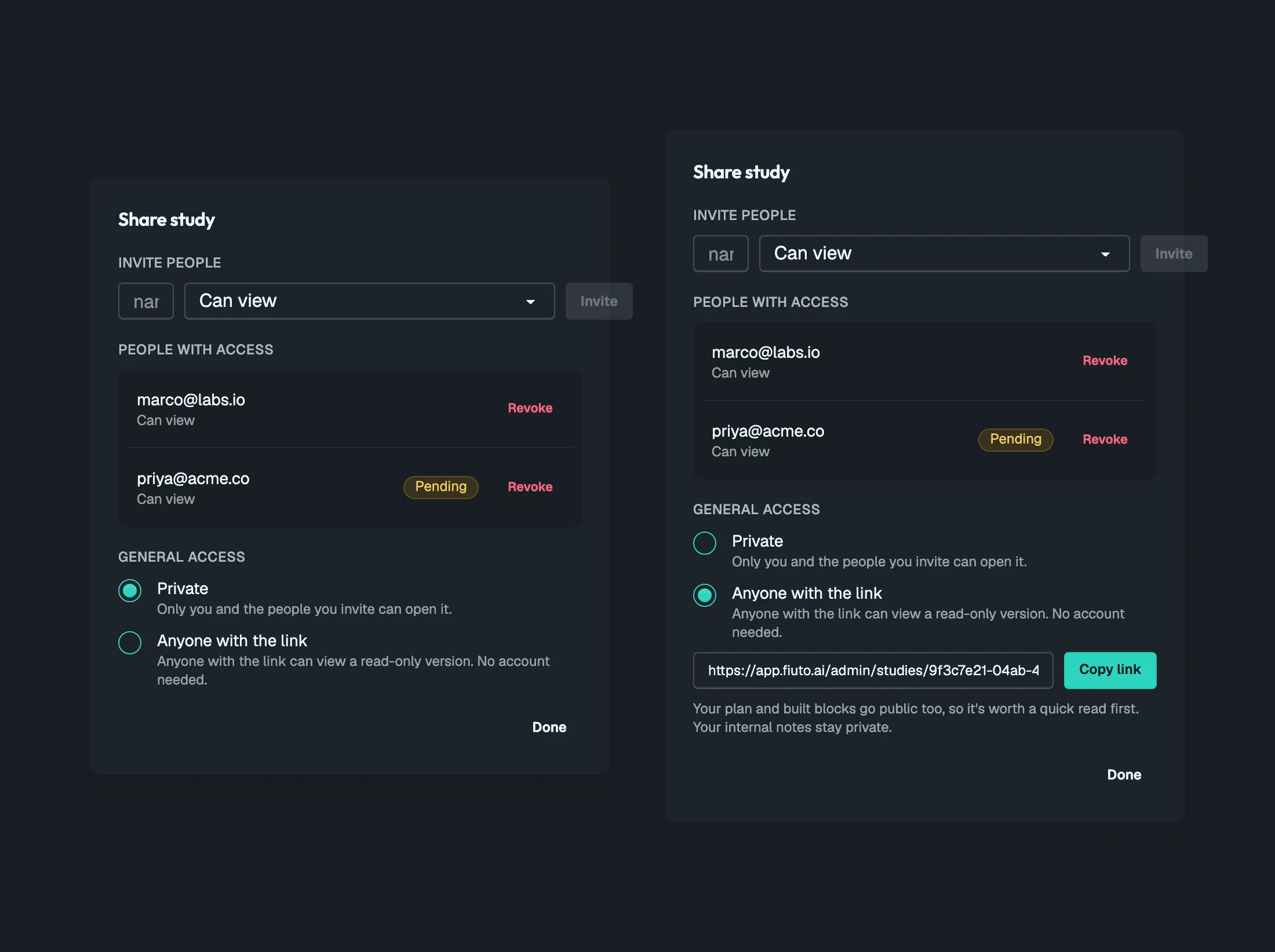 The share panel before the session, in two states: private with two invitees, and public with the link. One flat column, a squashed email field, uppercase labels, a Revoke link per row and a radio group for general access.