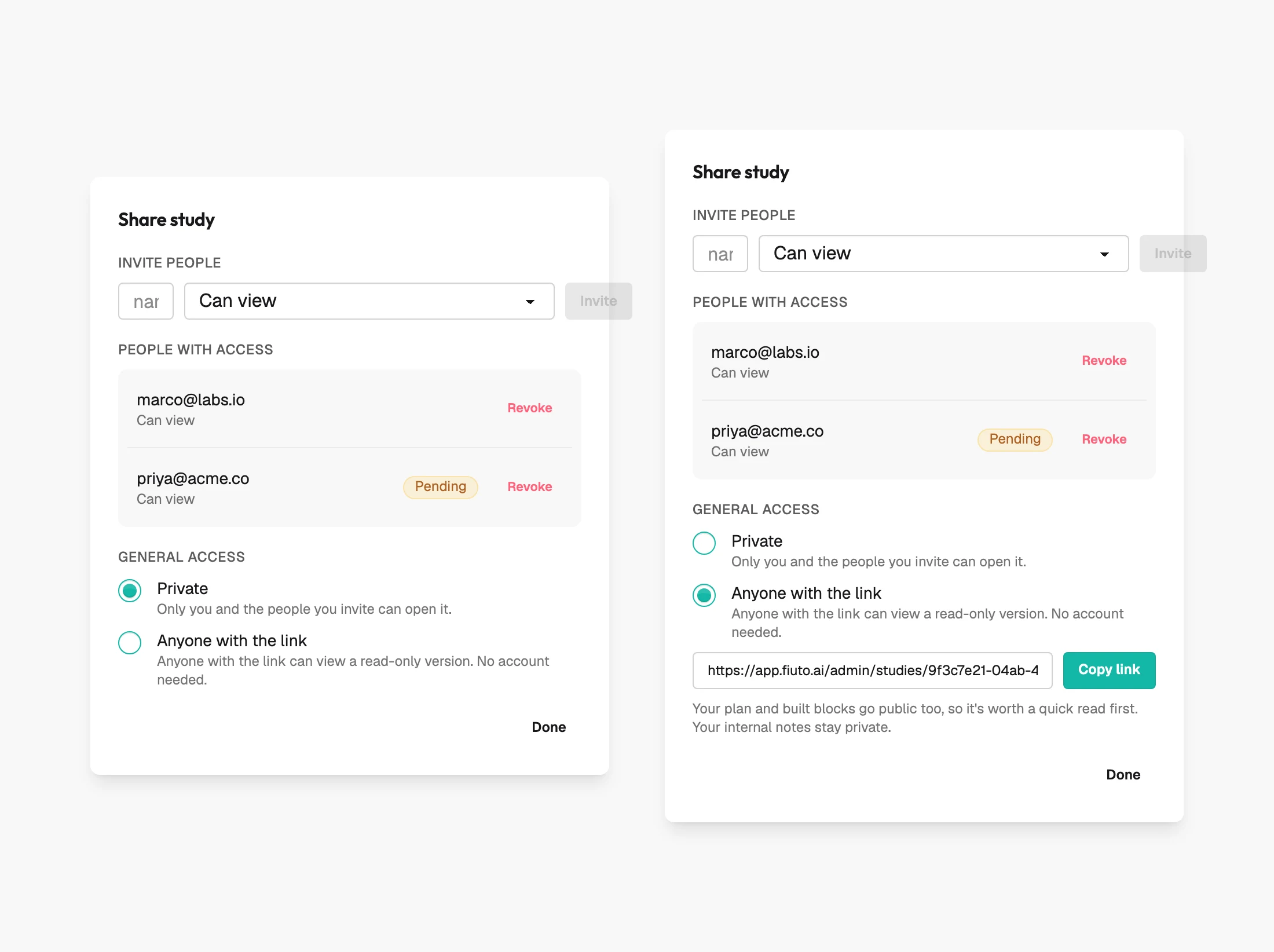 The share panel before the session, in two states: private with two invitees, and public with the link. One flat column, a squashed email field, uppercase labels, a Revoke link per row and a radio group for general access.