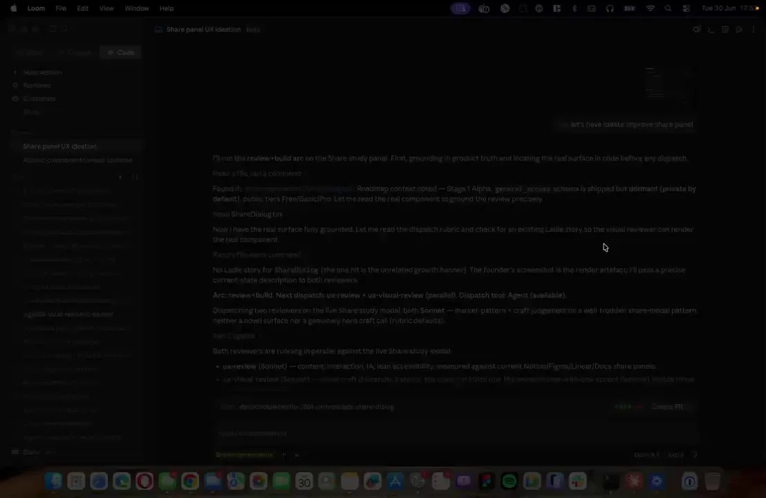 Claude Code reviewing the share panel: the ranked issues and the first round of three alternatives.