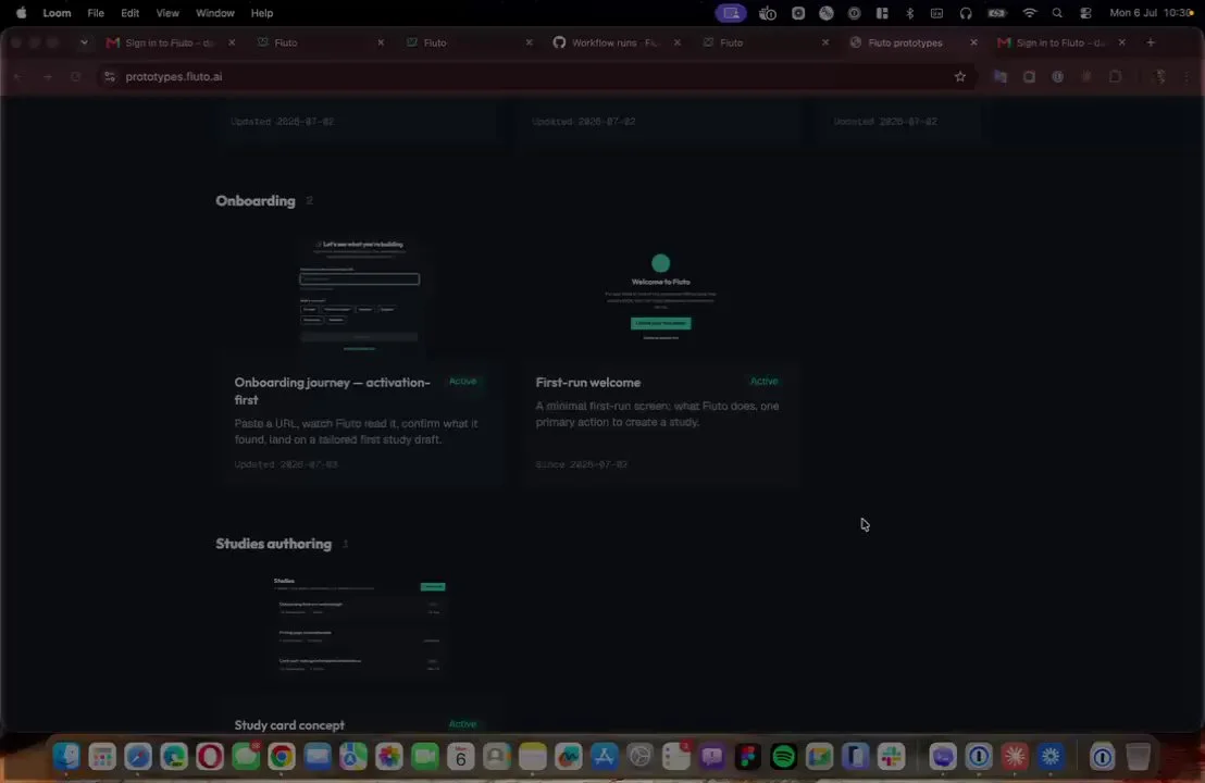 Claude Code and the Fiuto onboarding flow: the prototype, the name prompt, the generated recommended next steps, the goal modal and the populated study in preview.