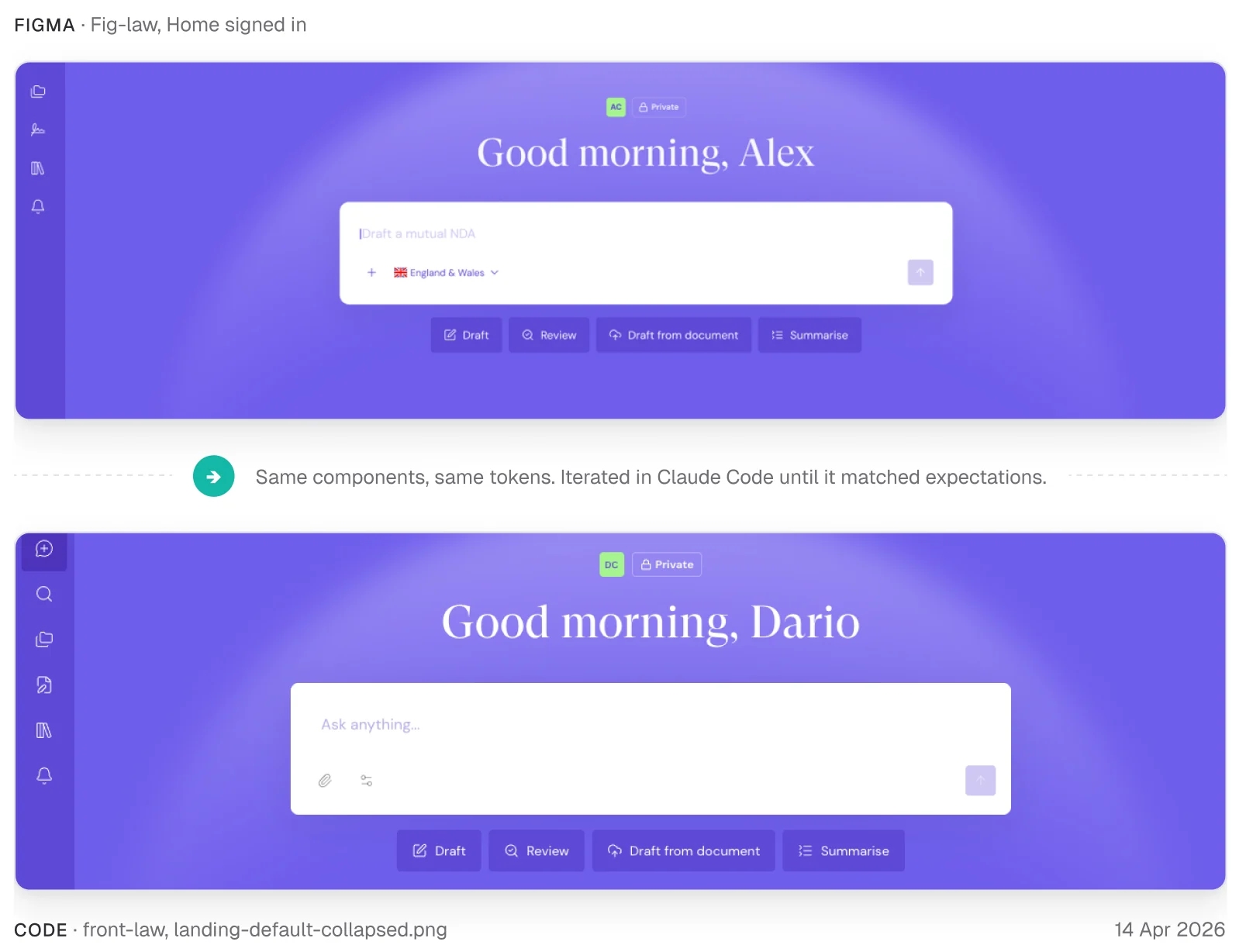 The same signed-in landing page twice: the Figma frame above, the page built from it below, with a note between them stating that the components and tokens are the same.