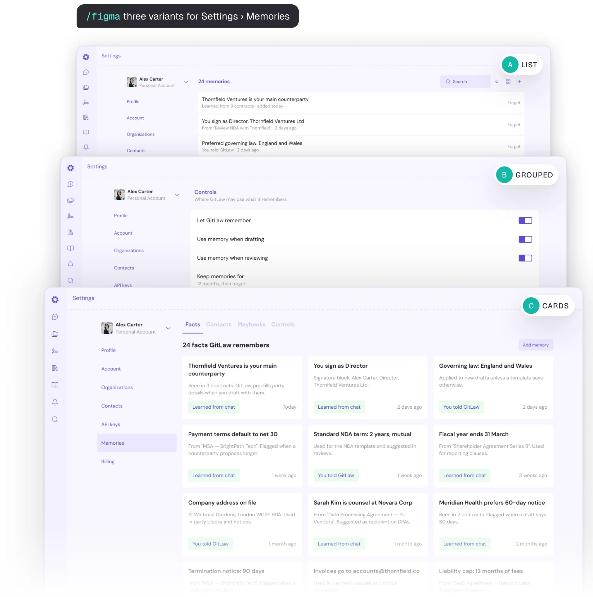 Three overlapping Figma frames of the same settings memories screen, labelled list, grouped and cards, generated from one command.
