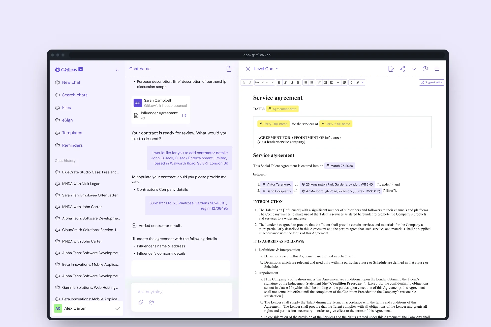 The GitLaw workspace: the AI chat collecting contract details on the left, the service agreement it is drafting on the right.
