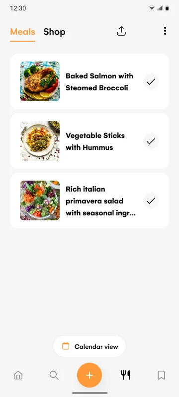 Prototype screen: the meals queue with tailored meals at the top and three meals beneath, each with a check.