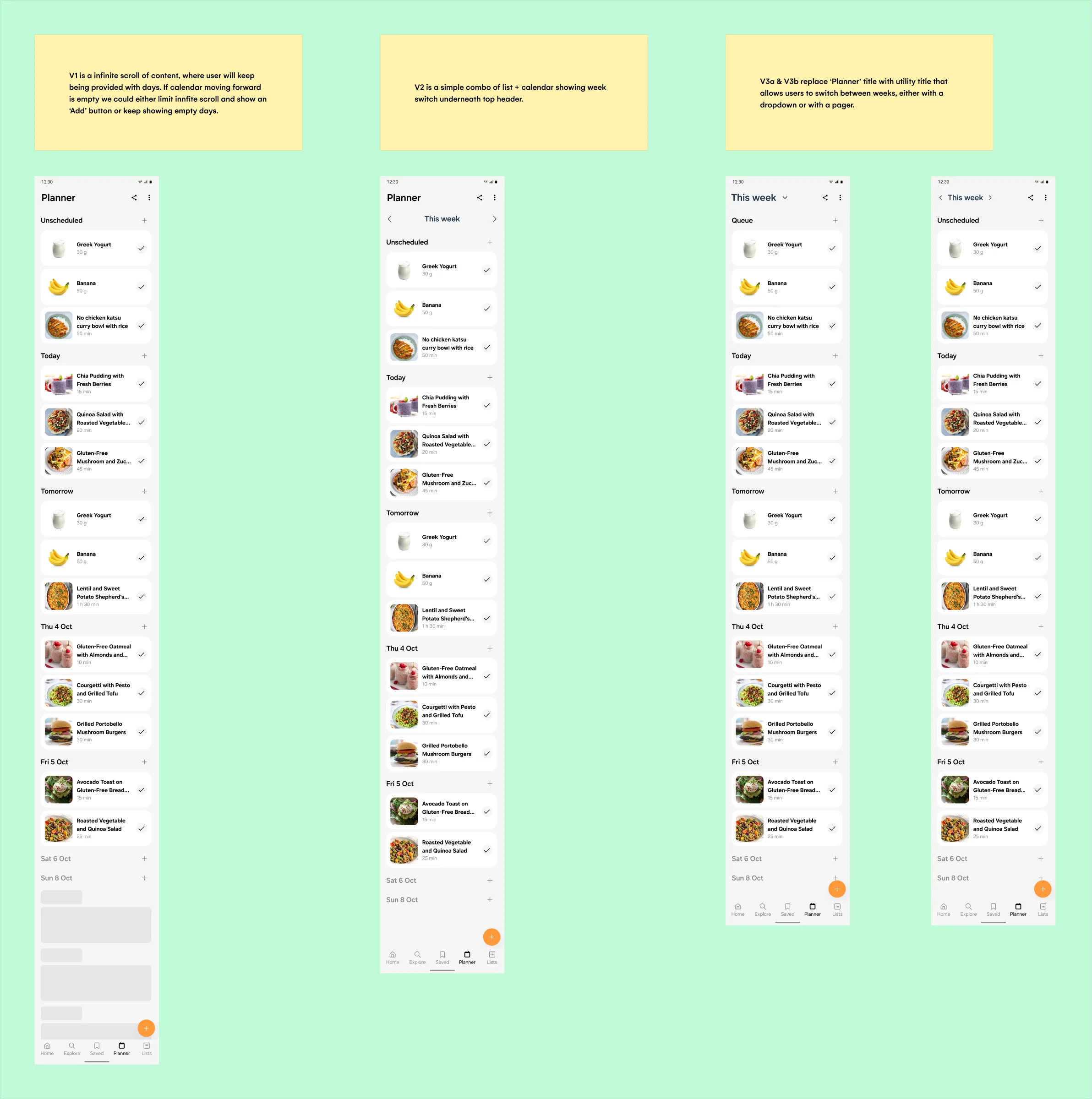 Planner exploration board: three notes describing V1, V2 and V3, above four tall planner screens showing infinite scroll, a week switcher, and a week title.