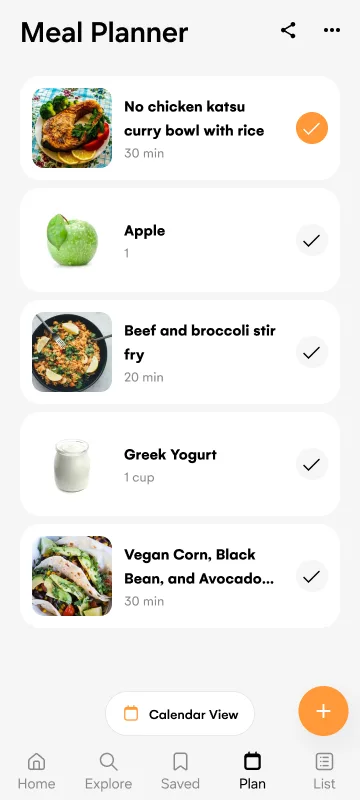 Prototype screen: the list view with one meal checked and a meal done toast at the bottom.