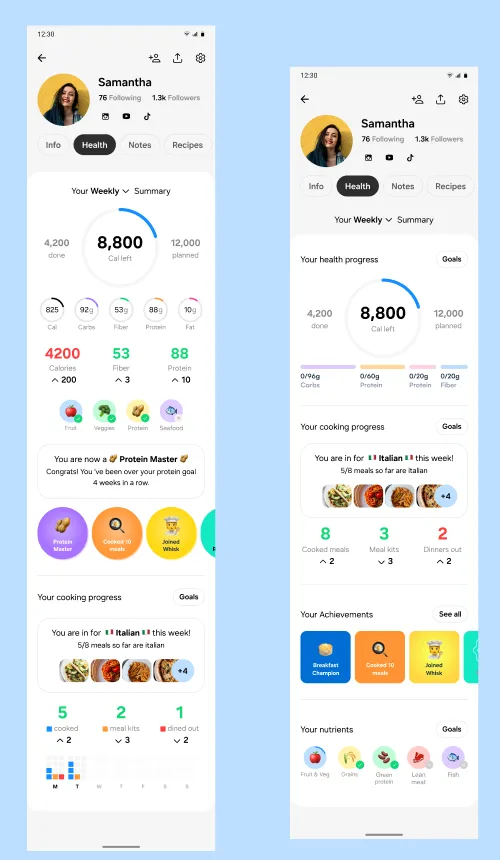 The very first dashboard concept from round one: a profile with a large calorie ring, macro counters, achievements, streaks and a weekly view.