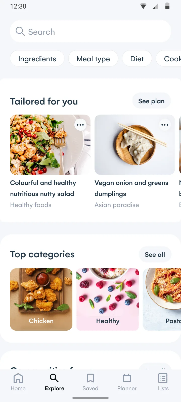 Explore, variant A: a Tailored for you row of recipe cards with See plan, above Top categories.