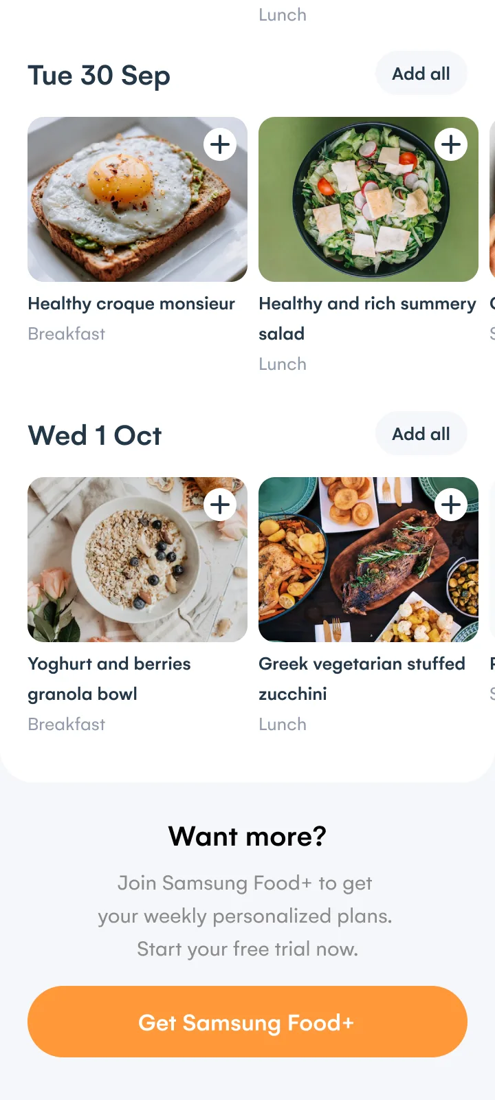 The foot of the Freemium tailored plan: meals for Tuesday and Wednesday, then Want more, Join Samsung Food+ to get your weekly personalized plans, with Get Samsung Food+.