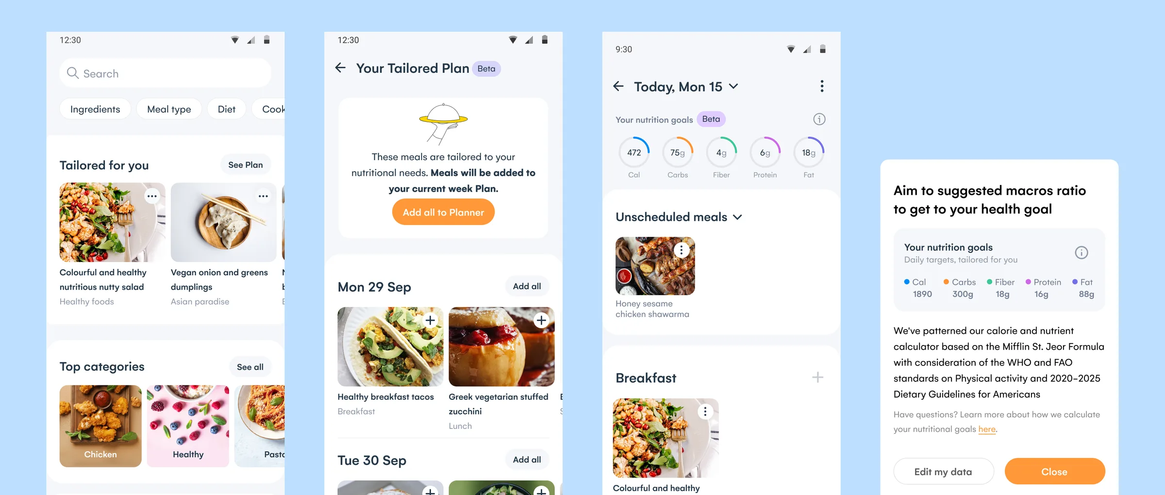 Four screens from the Beta release: Explore with the Tailored for you row, the tailored plan with a week of meals by day, the daily planner with five nutrition rings, and the nutrition goals sheet.