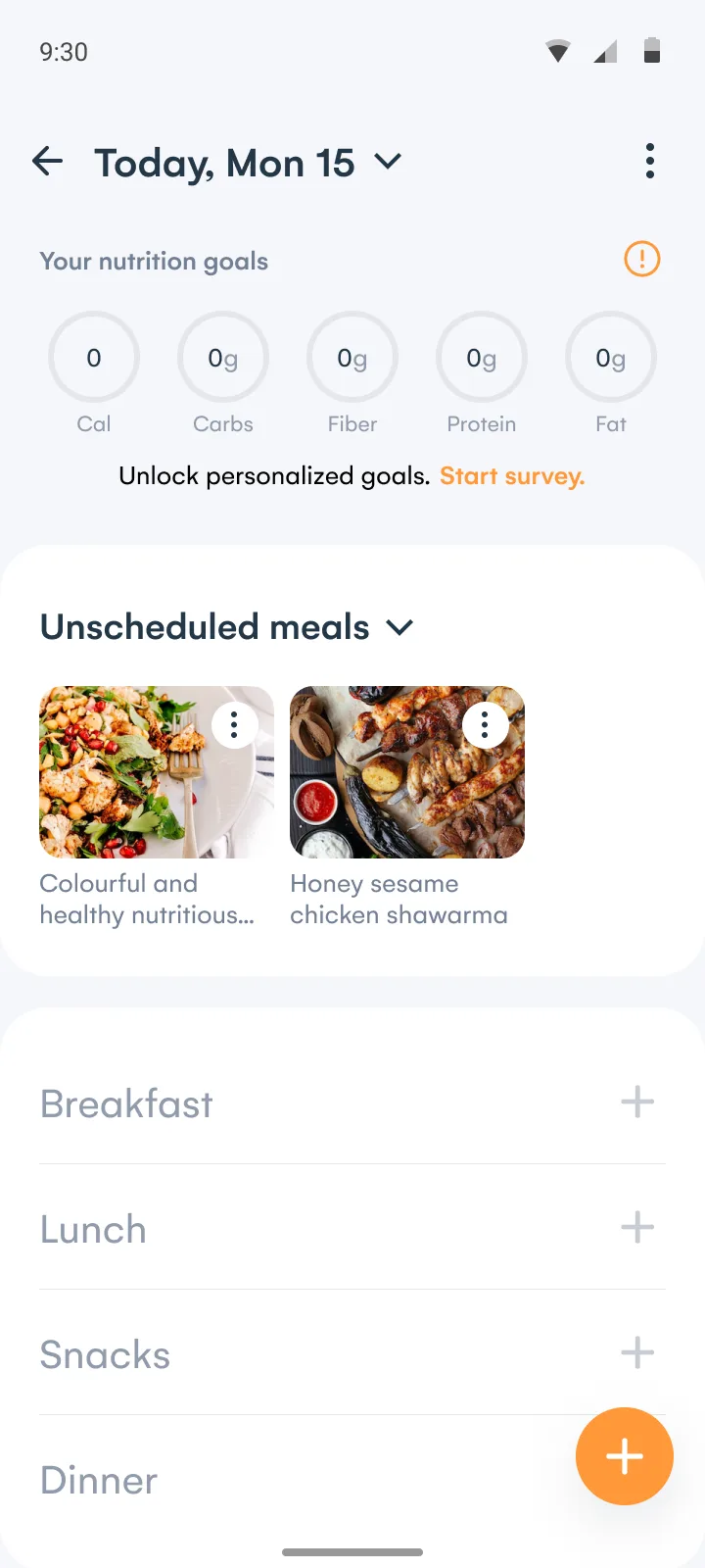 The daily view for a Samsung Food+ user without consent: rings at zero with a warning icon and the line Unlock personalized goals, Start survey.