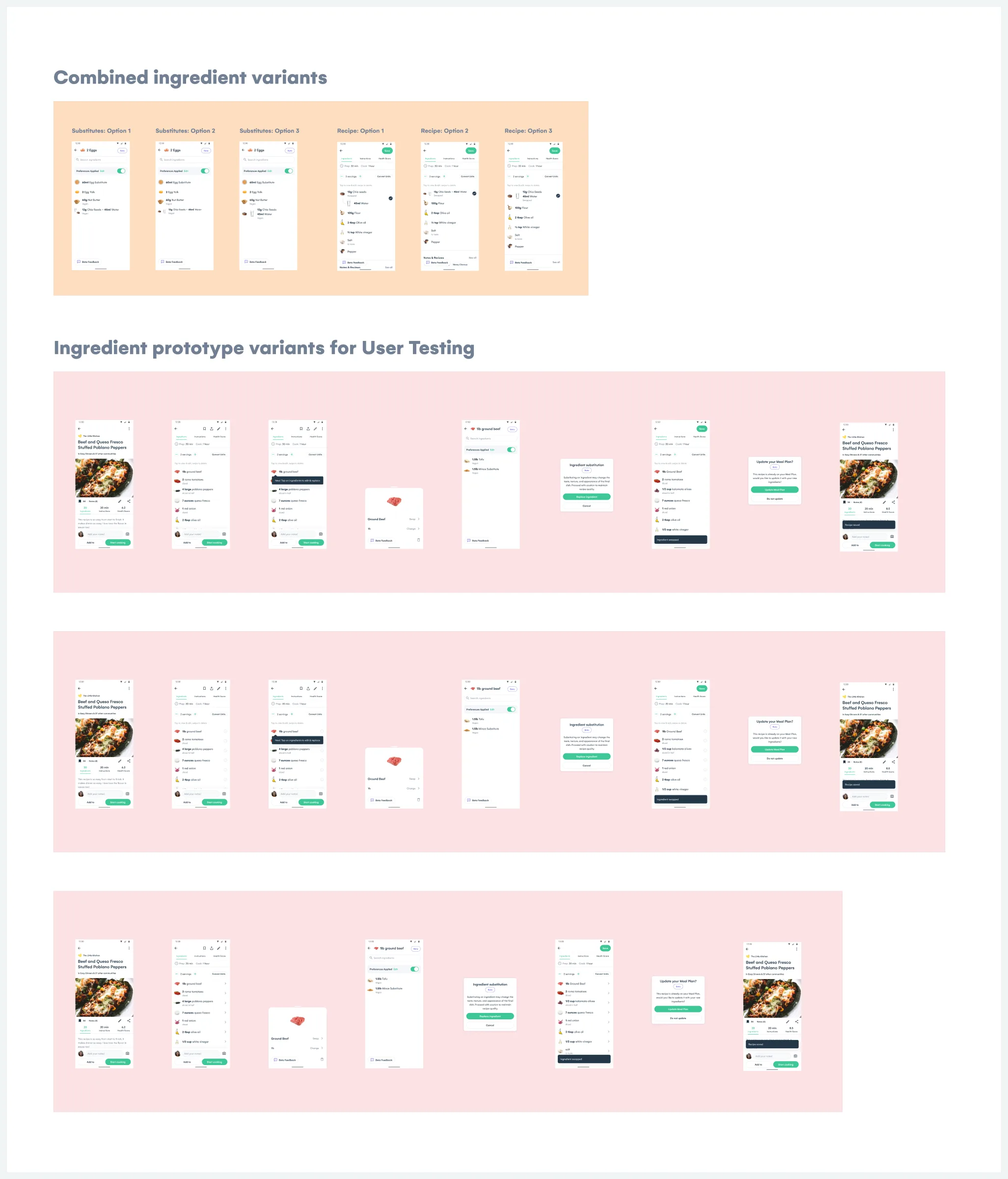 Iteration 6: the options for showing a two-item replacement, above three prototype variants of the way into the swap, prepared for user testing.