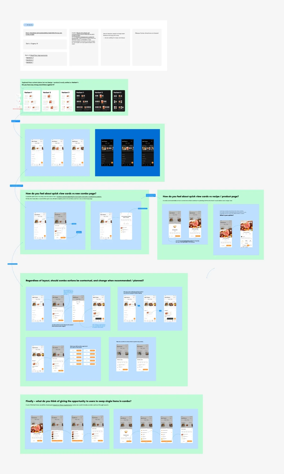 The iteration 4 review page: the variant question, light and dark planner screens, quick view versus page, contextual combo actions, and swapping an item in a combo.