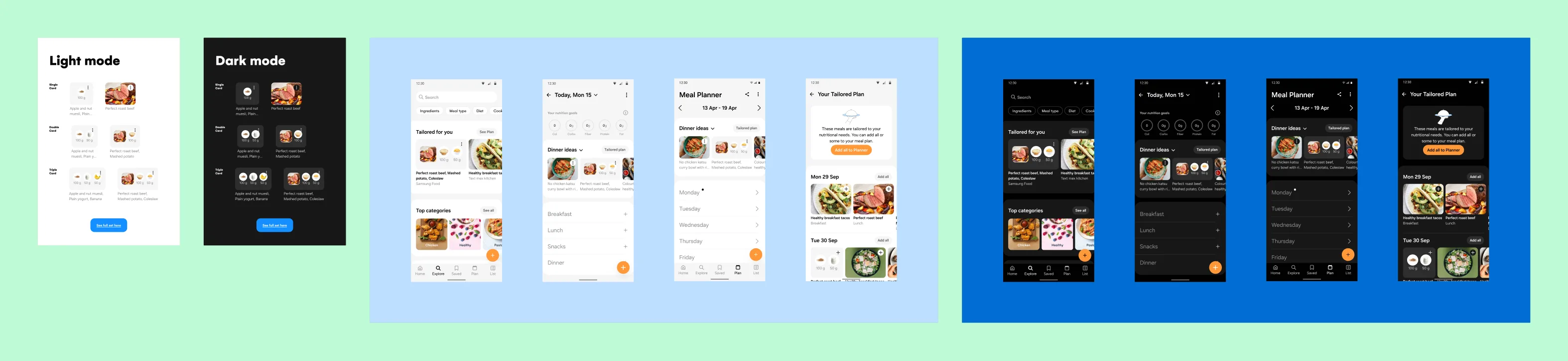 The dev-ready combo cards across search, the day view, the planner and the tailored plan, in light and dark mode, with the single, double and triple card set beside them.