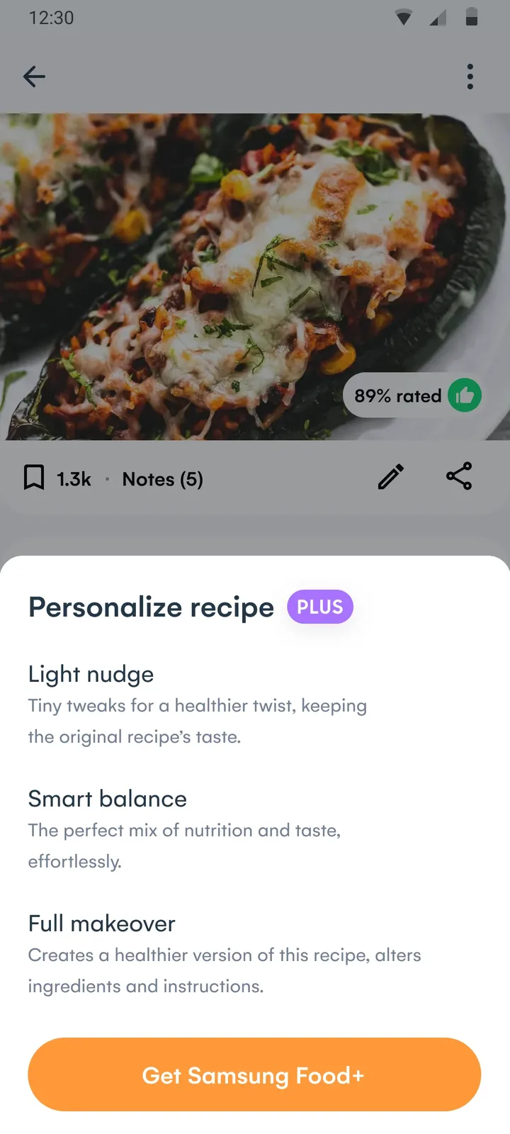 The balance sheet with a Plus tag and a Get Samsung Food+ button, over the recipe page.