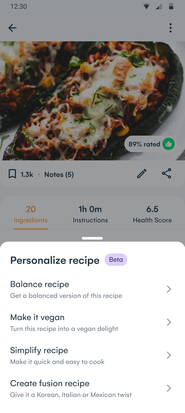The Personalize recipe sheet with a Beta tag and four tweaks, over the recipe page.